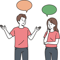 Cartoon characters with speech bubbles, male and female, red shirts, gestures, communication concept, dialogue, vector illustration, expressive pose, talking