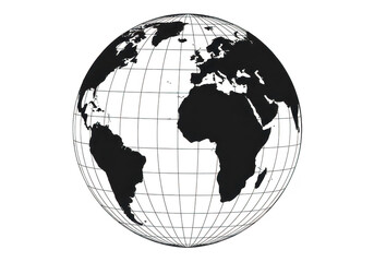 Black and white illustration of the earth globe showing continents isolated on transparent background