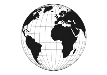 Black and white illustration of the earth globe showing continents isolated on transparent background