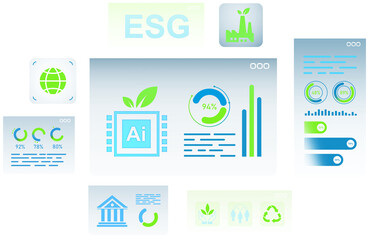 Eco-friendly ESG dashboard with AI chip, charts, sustainability icons in green and blue minimalist style on isolated white background, clean data concept