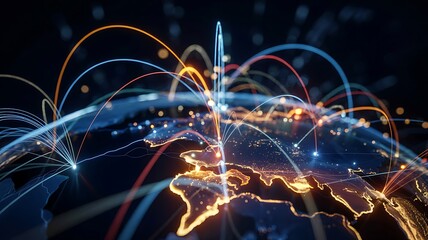 Global digital network connecting continents with vibrant light trails illustrating interconnectedness and modern technology across the planet