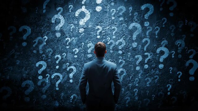 A person faces a wall covered in questions, symbolizing uncertainty and decision-making. The composition evokes a sense of challenge and intellectual curiosity.