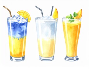 Vibrant Beverage Trio: A refreshing and appetizing collection of artfully crafted cocktails, bursting with color and flavor