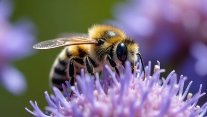Close up of a honey bee collecting nectar from a purple flower