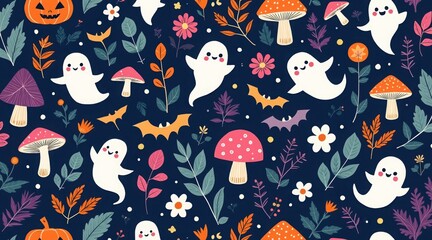 Seamless halloween pattern with cute ghosts, mushrooms, bats and flowers on dark background