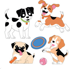 Four Adorable Cartoon Puppies Playing with Toys on a White Background
