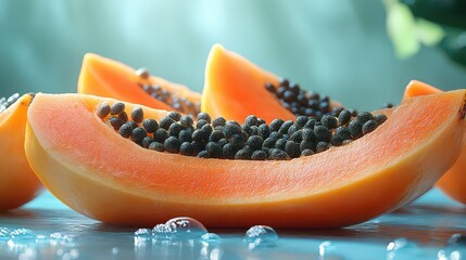Ripe papaya slices with seeds, close-up view.