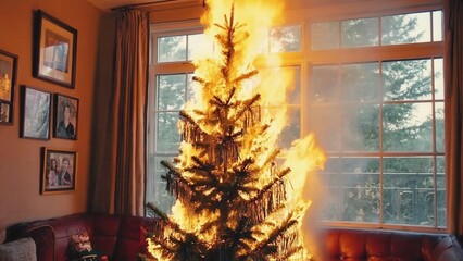 Christmas tree burning in the living room causing a house fire