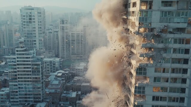 Controlled demolition imploding a high rise building in urban area