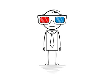Stick figure man wearing 3d glasses, isolated on white background he is wearing a tie and looks serious