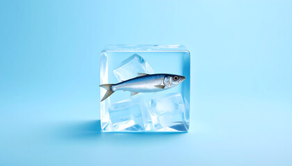 Frozen Fish in Ice Cube, Minimalist Still Life
