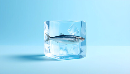Frozen Fish in Ice Cube: Surreal Aquatic Concept on Blue Background