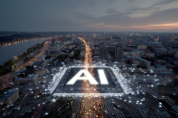 A glowing chip in the middle of a megalopolis with the abbreviation AI