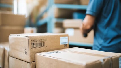 Scanning Boxes for Inventory: A worker scans boxes with a device, ensuring accurate inventory management in a warehouse setting, streamlining operations.