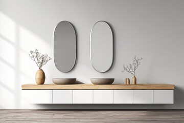 Modern bathroom vanity with light, minimalist design.  Two oval mirrors, light wood countertop, and white cabinets