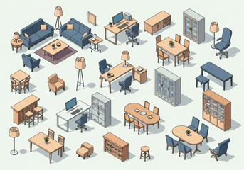 Axonometric School Furniture – Scandinavian Black & White Line Style