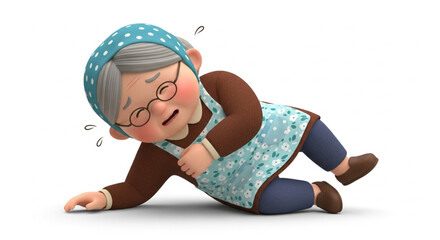 3D Cartoon Granny with Walking Cane Falling Down &ndash; Isolated Illustration