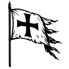 Tattered Flag of the Cross: A Vintage Vector Illustration of a Medieval Banner, Symbolizing History, Chivalry, and an Aged Emblem of Faith