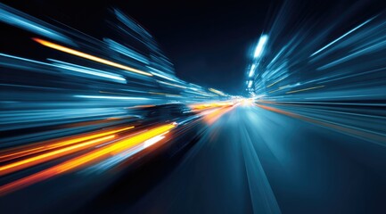 Dynamic streaks of blue and orange light blur across a dark roadway, suggesting high-speed motion at night