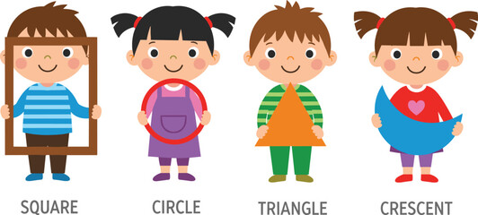 Children holding geometric shapes, square, circle, triangle, crescent, educational vector, preschool learning, colorful design, shape recognition, kids activity