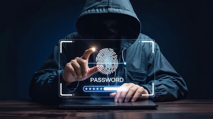 Anonymous hacker wearing a hood uses fingerprint scanner on a digital interface to access a password protected system for cybersecurity concept