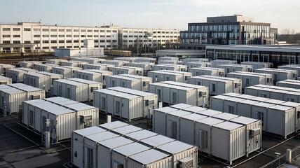 Rows of prefabricated modular housing units lined up in an urban development area with modern buildings in the background