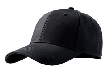 Plain black baseball cap with curved brim, casual adjustable headwear design isolated on white background for fashion and sportswear concepts

