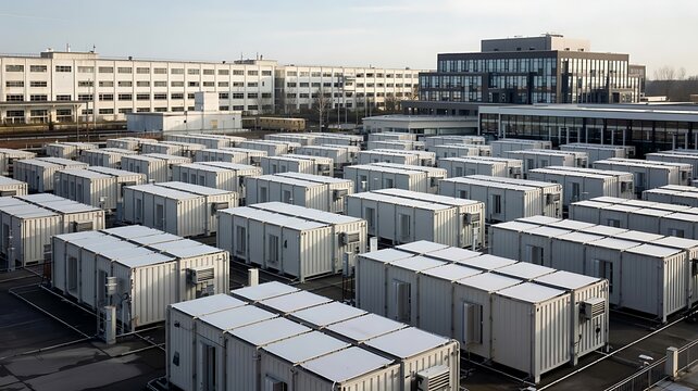 Rows of prefabricated modular housing units lined up in an urban development area with modern buildings in the background