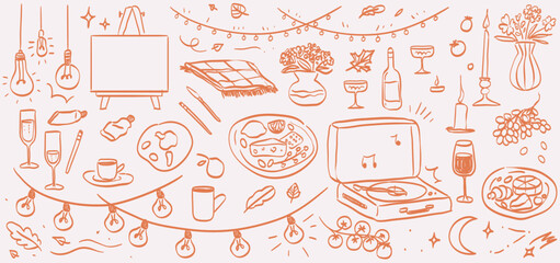 House or cafe evening event with food, wine, coffee and music. Autumn cozy dinner in restaurant hand drawn vector illustrations in charcoal or chalk style for menu, poster, placard and invitations.