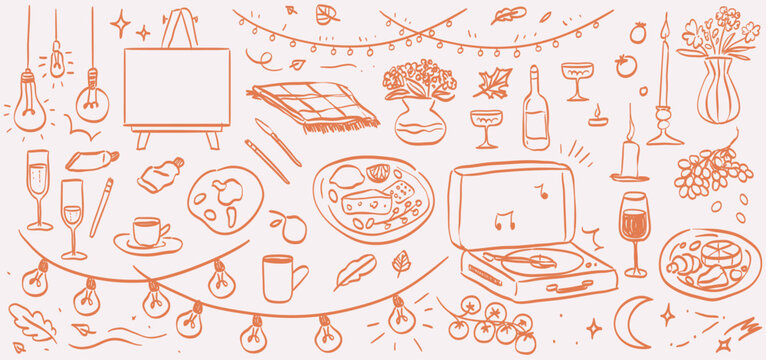 House or cafe evening event with food, wine, coffee and music. Autumn cozy dinner in restaurant hand drawn vector illustrations in charcoal or chalk style for menu, poster, placard and invitations.