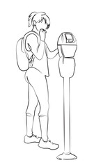 One continuous single drawing line art flat doodle parking, city, ticket, paying, female, girl, machine, pay, car. Isolated image hand draw contour on a white background, hand drawn, not AI