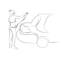 One continuous single drawing line art flat doodle woman, car, girl, laundered, female, young, attractive, clean, sexy. Isolated image hand draw contour on a white background, hand drawn, not AI