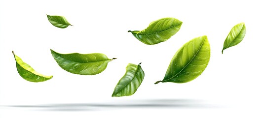 Eight vibrant green leaves, seemingly weightless, float against a stark white backdrop, casting subtle shadows below