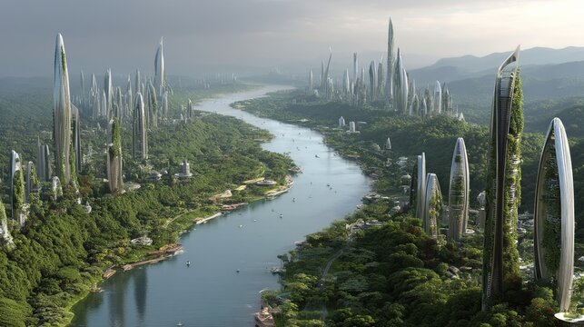 A sprawling futuristic city with towering spires nestled in a lush green valley with a winding river, showcasing advanced architecture and nature