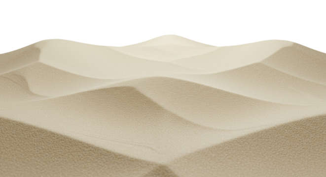 Close-up, low-angle of pristine light beige fine sand meticulously sculpted into gentle mounds, soft undulations and delicate grain texture on transparent studio background, concept of zen
