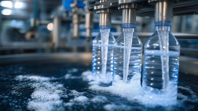 Explore the precision of reverse osmosis and purification as transparent bottles are filled by advanced filtration technology, showcasing water clarity and equipment intricacies.