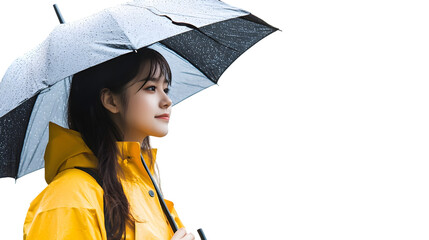 Young woman in yellow raincoat holding an umbrella in the rain looking off into the distance thoughtfully