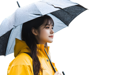 Young woman in yellow raincoat holding an umbrella in the rain looking off into the distance thoughtfully