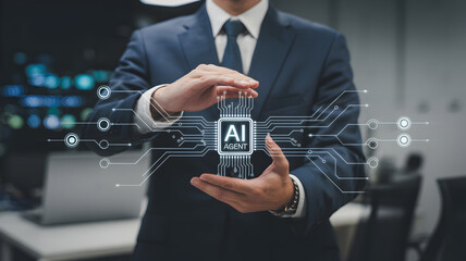Businessman holding a microchip with artificial intelligence technology