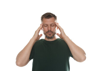 Naklejka premium Panic attack. Man calming himself down on white background