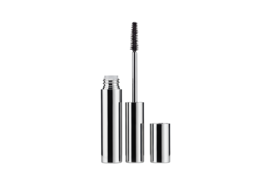 Sleek polished silver cosmetic applicator wand with fine bristles & open container on transparent shadowless studio background, concept of precision and quality beauty