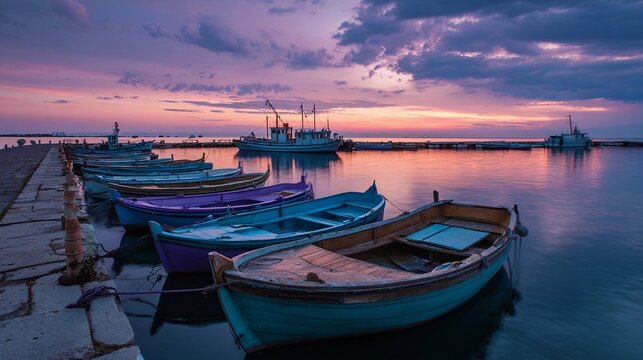Colorful fishing boats docked peacefully at sunset by a tranquil harbor with vibrant sky hues reflecting on calm water surface