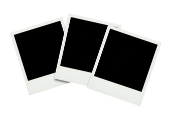 Three blank instant photos overlapping, isolated on transparent background