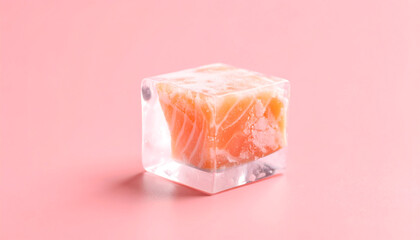 Salmon Cube Frozen in Ice on Pink Background: Culinary Still Life
