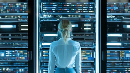 Data center analysis: Woman inspects server racks with glowing blue lights. Network infrastructure monitoring and maintenance in progress. - Powered by Adobe