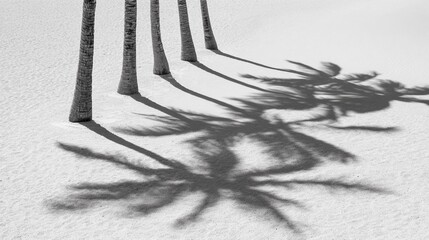 Shadows of palm trees cast on white sandy beach during mid-afternoon sun create an artistic contrast in black and white scenery