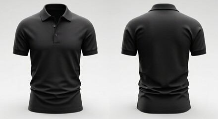 Classic black polo shirt mockup showing front and back views for apparel design.