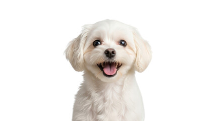 Adorable White Maltese Dog Smiling Happily puppy fluffy cute happy tongue out playful pet animal canine domestic companion portrait studio