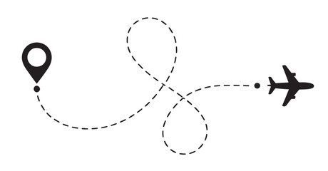 Airplane flight path with dotted travel line and location pin. Airplane flight path with dotted travel line and location pin. © Songrami