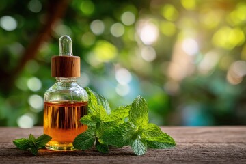 Amber essential oil in a glass bottle with a wooden dropper, sits on a rustic wooden surface alongside fresh sprigs of mint, blurred green background